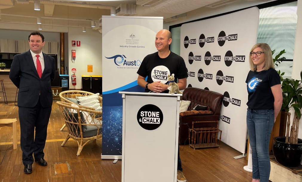 The Hon. Stuart Ayres MP, Minister for Jobs, Investment, Tourism and Western Sydney with Alex Scandurra CEO of Stone & Chalk and Michelle Price CEO of AustCyber announcing the merger.